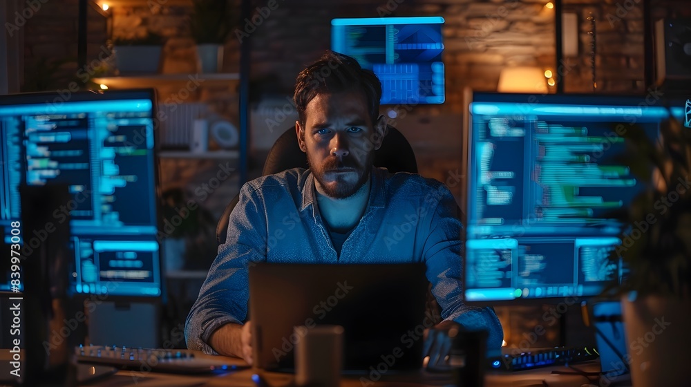 Poster dedicated developer debugging code on multiple monitors late at night