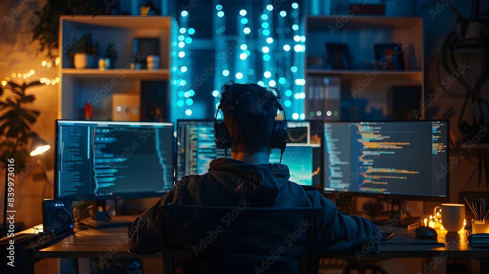 Aufkleber dedicated developer debugging code late at night focused on multiple screens