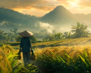 Fototapeta premium Hardworking Farmer Harvesting Crops in Misty Rural Landscape at Dawn