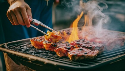Close Up Of Grilled Steak Being Flipped On A Charcoal Grill, bbq