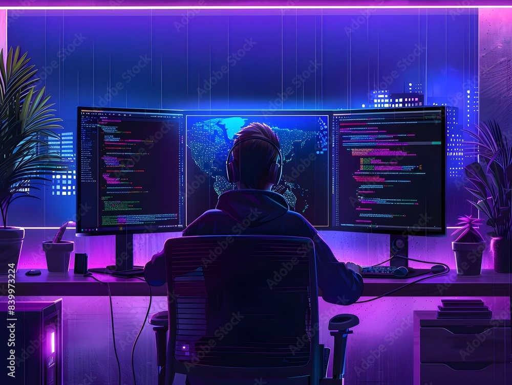 Poster developer coding a new application in a late night workspace