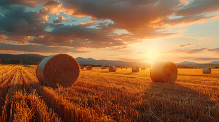 Witness a wide expanse with hay bales scattered across a harvested field, lit by the final rays of the setting sun