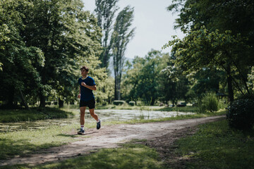 A young man is jogging along a scenic path in a lush, green park on a bright, sunny day.