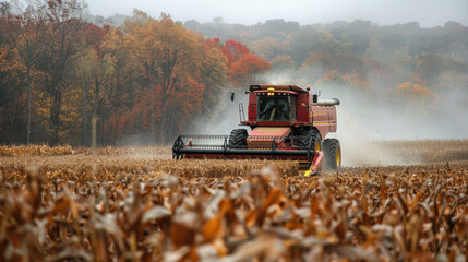 In late autumn, the farmer utilizes a combine to harvest corn during the agricultural season