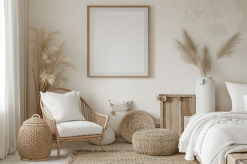 Mockup frame in a boho nomadic interior background with rural decorations