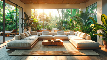 Fototapeta premium 3D rendering of a living room with a view of the garden