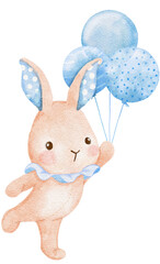 Watercolor baby bunny holding blue balloons for for baby shower boy