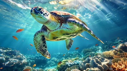 Fototapeta premium A green sea turtle swims over a vibrant coral reef teeming with colorful fish. AI.