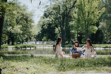 Obraz premium A cheerful gathering of three women at a lakeside picnic in a lush park under sunny skies, sharing food and laughter.