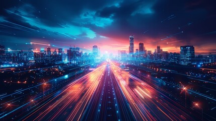 Fototapeta premium Futuristic city at dusk, with glowing skyscrapers and cutting-edge transportation systems crisscrossing the horizon