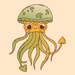 Cute cartoon jellyfish with big eyes. Print on clothes or printed materials. Friendly underwater world. Sea animals for children. Vector illustration for chat bot isolated on transparent background.