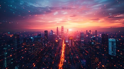 Fototapeta premium Futuristic city at dusk, with glowing skyscrapers and cutting-edge transportation systems crisscrossing the horizon