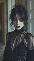 Naklejka premium Portrait of a brunette Goth style inspired woman, fashion and make-up shoot. Gothic, Goth, Emo, New Wave, Dark style fashion. Dark smokey make-up, red lipstick. Dramatic. Elegant. 