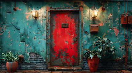 Old wooden door with red paint and green plants. 3d rendering