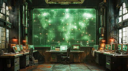 3d rendering of a computer room in a factory with a green screen