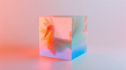 Exotic bird of paradise inside a 3D ice cube, clean background, glowing effect, cool composition.