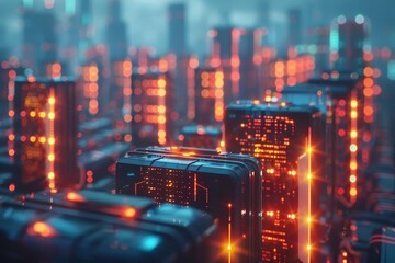 Fototapeta premium A network of interconnected solid-state battery cells, forming a powerful energy grid for a futuristic city, emphasizing clean energy solutions