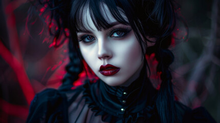 Fototapeta premium Portrait of a brunette Goth style inspired woman, fashion and make-up shoot. Gothic, Goth, Emo, New Wave, Dark style fashion. Dark smokey make-up, red lipstick. Dramatic. Elegant.