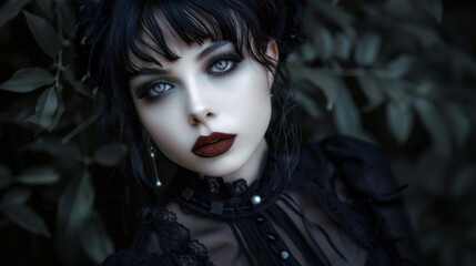 Fototapeta premium Portrait of a brunette Goth style inspired woman, fashion and make-up shoot. Gothic, Goth, Emo, New Wave, Dark style fashion. Dark smokey make-up, red lipstick. Dramatic. Elegant. 