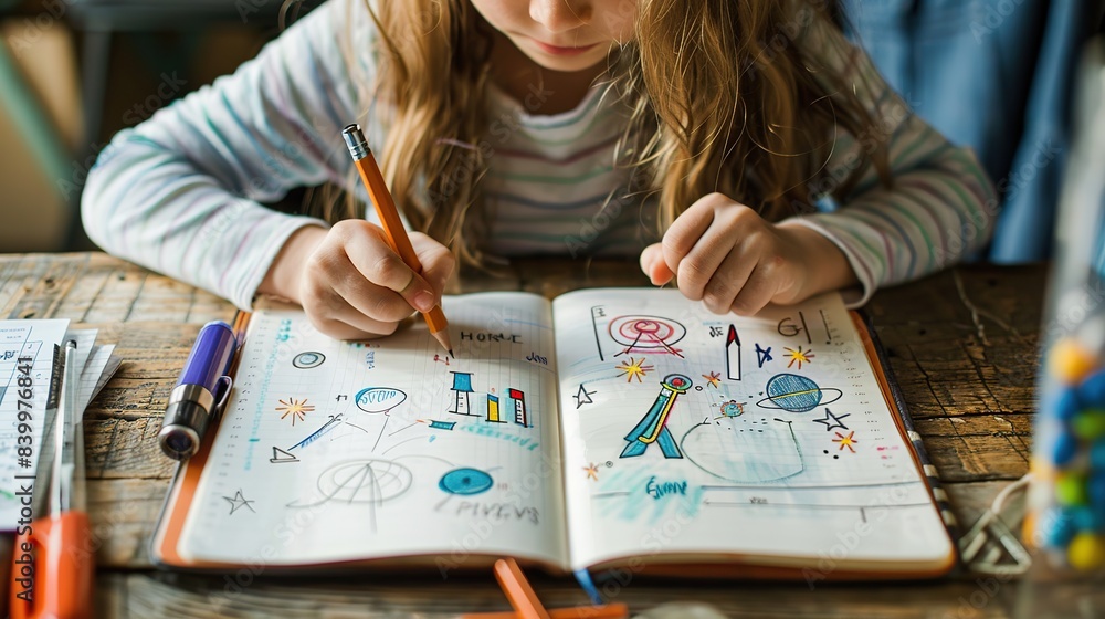 Aufkleber an open kids notebook with whimsical invention sketches related to project-based learning. copy spac