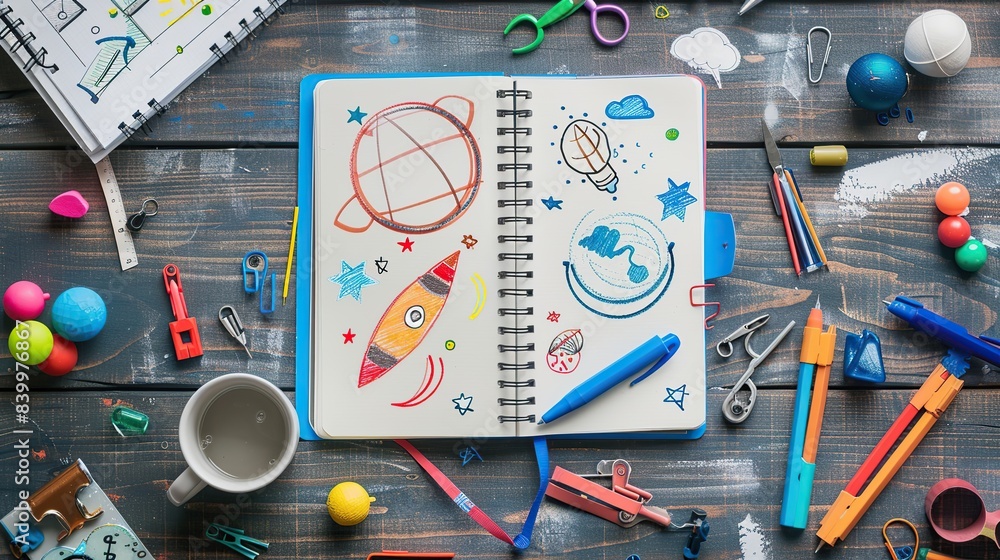 Poster an open kids notebook with whimsical invention sketches related to project-based learning. copy spac