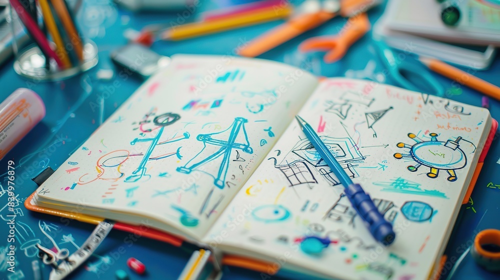 Aufkleber an open kids notebook with whimsical invention sketches related to project-based learning. copy spac