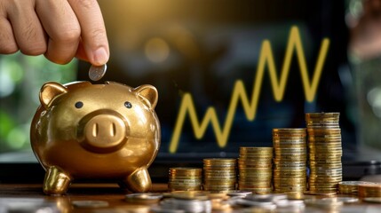 A golden piggy bank full of coins and a person putting coins into it next to an increasing green graph, side view, depicting economic prosperity, advanced tone, black and white