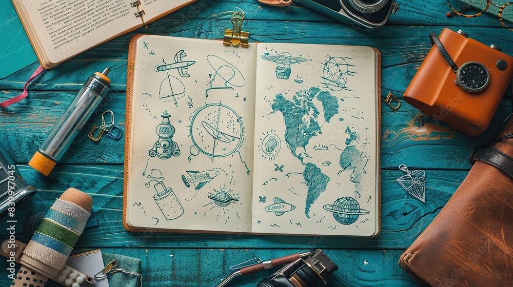 Aufkleber an open kids notebook with whimsical invention sketches related to project-based learning. copy spac