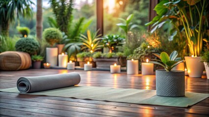 Fototapeta premium Peaceful morning atmosphere with a serene yoga setting, featuring a lonely mat, candles, and plants, surrounded by a calm natural environment.