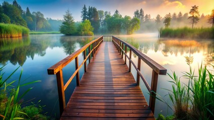 Naklejka premium Contemporary wooden bridge with clean lines and minimalist design, suspended over serene lake water, surrounded by lush greenery and misty morning atmosphere.