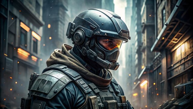 A moody, illustration-style depiction of a futuristic, high-tech, armor-clad soldier's helmet and gear, set against a dark, gritty, urban-warfare-inspired backdrop.