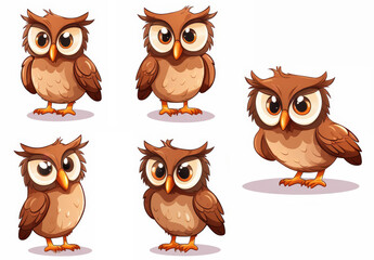 Fototapeta premium Whimsical clipart set featuring enchanting cartoon owl illustrations with a beautiful and charming face on isolated background.