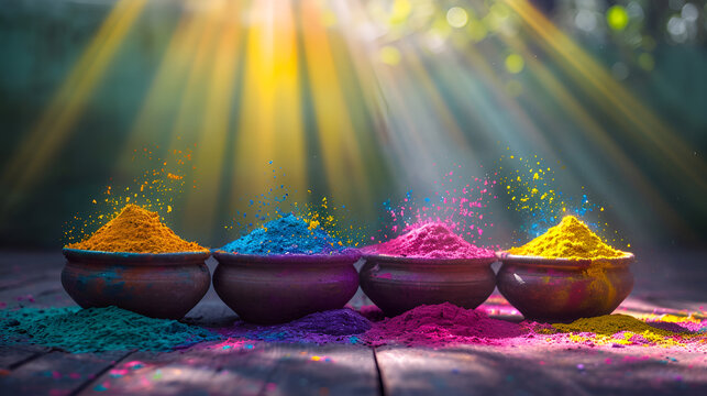 Happy Holi Banner with Explosion Color in Pots, Holi Festival Banner with Variety of Color Powder ,sunrays background