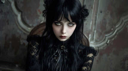 Portrait of a brunette Goth style inspired woman, fashion and make-up shoot. Gothic, Goth, Emo, New Wave, Dark style fashion. Dark smokey make-up, red lipstick. Dramatic. Elegant.	