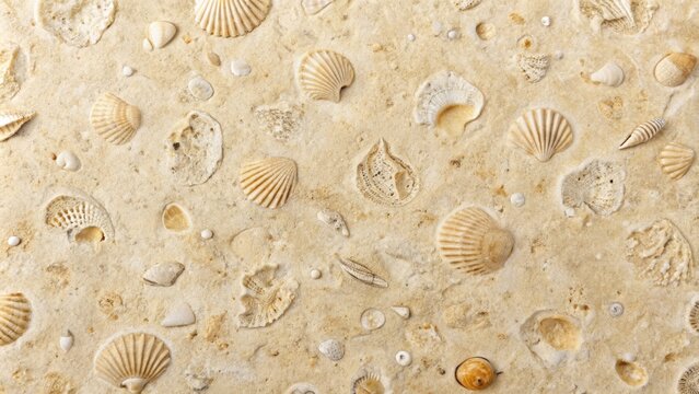 Weathered beige french limestone textured pattern featuring subtle fossils and shell impressions, perfect for architectural visualizations and interior design projects.