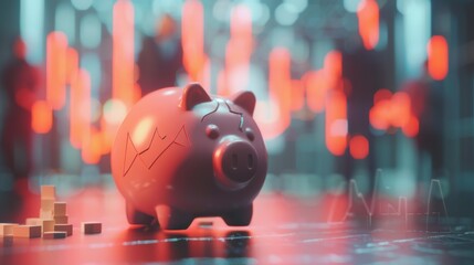 A detailed broken piggy bank with sad people in the background and a decreasing red graph, front view, symbolizing financial loss, technology tone, colored pastel