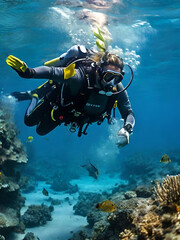 scuba diver and coral reef under the water , scuba diver