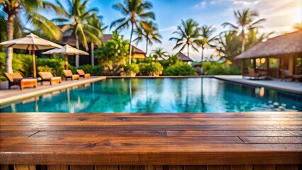 Fototapeta premium Empty brown wooden desk in front of serene swimming pool with blurred tropical beach resort and outdoor spa background, perfect for relaxation and tranquility scene.