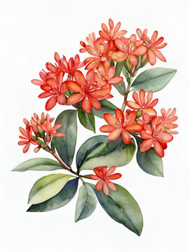 Ixora flowers watercolor on white background