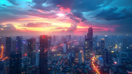 Fototapeta premium Vibrant Cityscape with Towering Skyscrapers at Dazzling Dusk