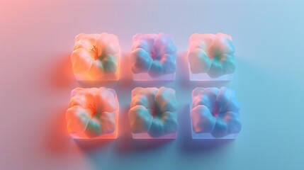 Top-down view of vibrant blooms arranged within consecutive cubes, creating a vibrant display on a glowing clean background, offering a lively composition.