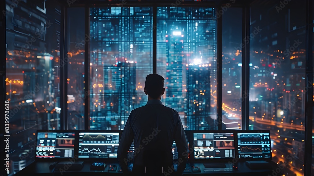 Poster ceo analyzing data on multiple screens in futuristic office with city skyline background