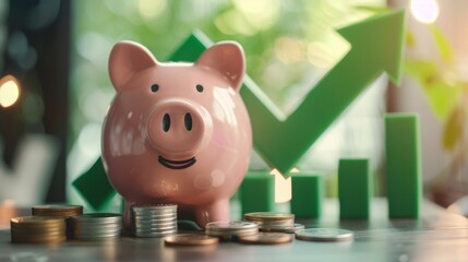 A cute piggy bank packed with coins and a large green arrow pointing up in the background, top view, showcasing savings growth, digital tone, analogous color scheme