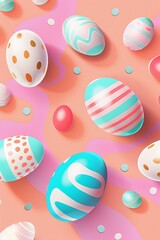 Fototapeta premium Colorful Easter eggs on pastel background. Festive holiday illustration.