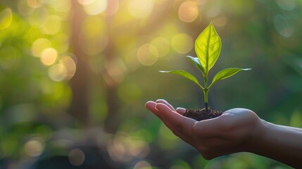 Hand holding young plant on blur green nature background. concept eco earth day, hd, taken. copy space for text.
