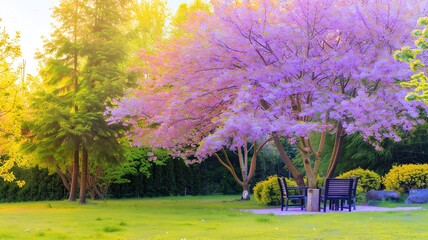 A tranquil garden with blooming cherry blossom trees