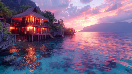 Luxury villas on the shores of the sea at sunset
