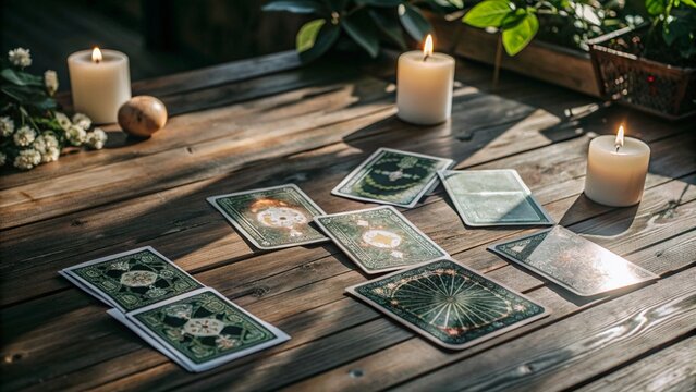 Tarot cards spread out on a wooden table with natural light casting soft shadows