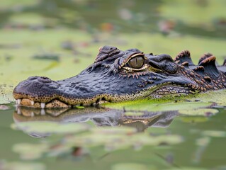 Fototapeta premium A close-up shot of an alligator's head emerging from a swampy water surface, reflecting its sharp features and watchful eyes in its natural habitat.