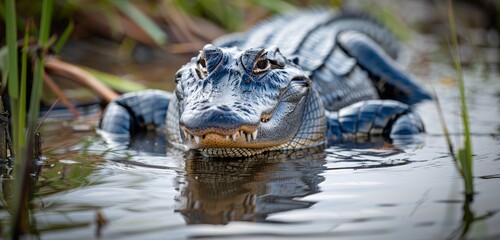 Fototapeta premium An alligator crawls through shallow water, showcasing its rugged scales and alert expression in a wetland environment.